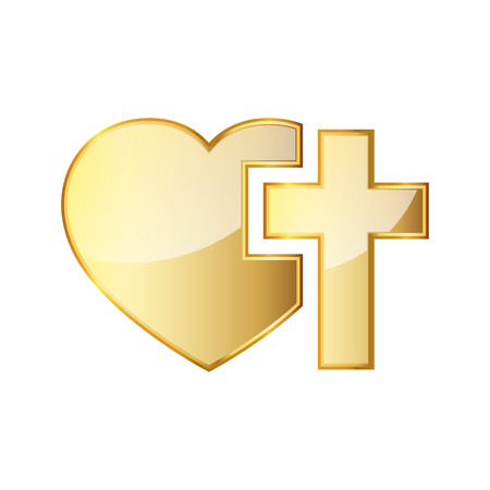 Golden Christian cross and silhouette of heart. Golden symbol of christian love, isolated on white background. illustration. Christian symbol.のイラスト素材