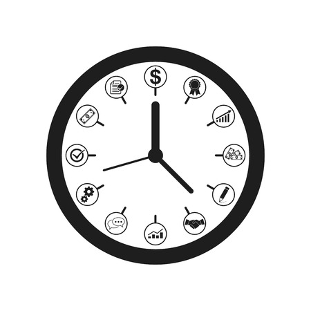Clock icon in flat design. illustration. Black clock with business symbols instead of numbers, isolated on light background.のイラスト素材