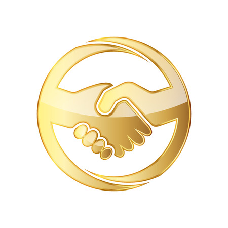Golden handshake icon. Vector illustration. Golden handshake symbol in circle, isolated on white background. The concept of a successful transactionのイラスト素材
