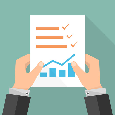 The paper checklist in the hand. Vector illustration. Report file in flat design. Concept of quality control.のイラスト素材