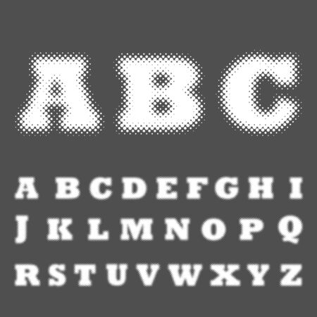 White dotted halftone alphabet on dark background. Vector illustration. Abstract abc in flat design.のイラスト素材