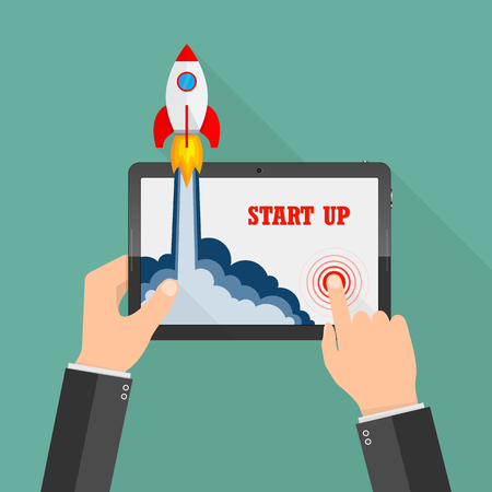 The spacecraft crashes outside tablet screen. New business project startup development and launching new product or service. Vector illustration.のイラスト素材