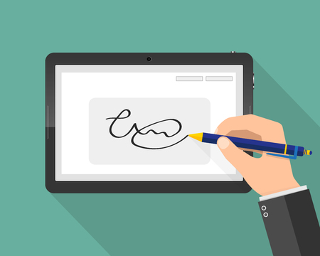 Hands of businessman and digital signature on tablet. Vector illustration. Concept of modern handwritten digital signature in flat design.のイラスト素材