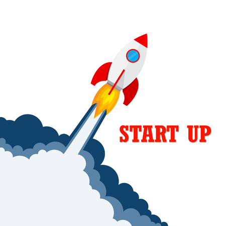 Start up of the space rocket. Rocket ship in flat design. Vector illustration. Concept of business launch.のイラスト素材