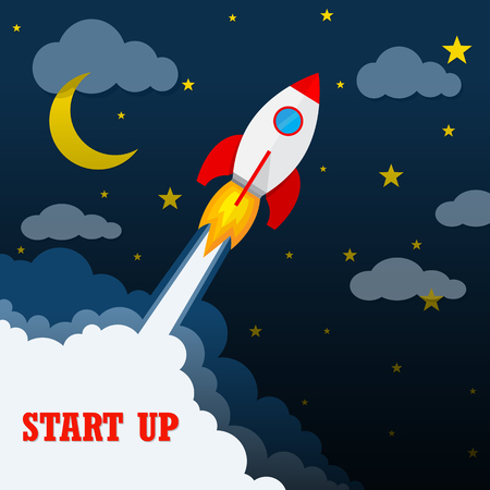 Start up of the space rocket. Rocket ship in flat design. Vector illustration. Concept of business launch.のイラスト素材