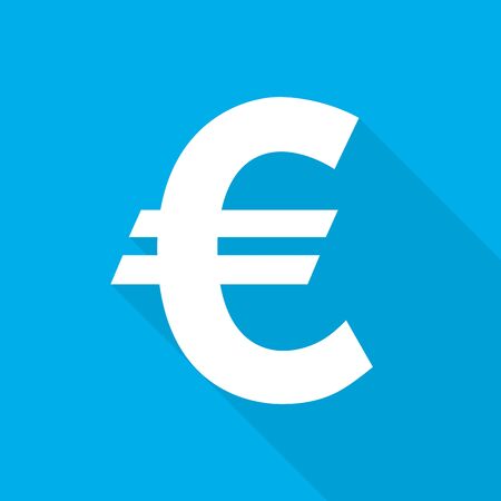 White Euro icon in flat design. Vector illustration. Symbol of Euro with long shadow on blue background.のイラスト素材