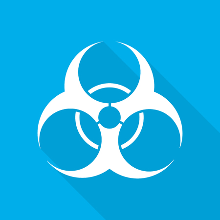 White biohazard icon in flat design. Vector illustration. Symbol of biohazard with long shadow on blue background.のイラスト素材