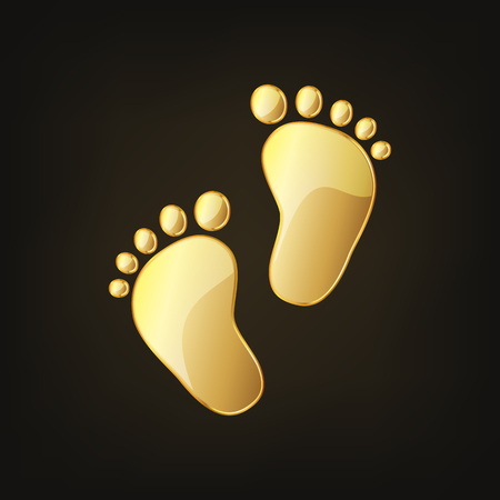 Golden baby footprints icon. Vector illustration. Golden glossy footprints of baby on dark background.のイラスト素材