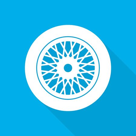 White car wheel icon with long shadow on blue background. Wheel sign in flat design.Vector illustration.のイラスト素材