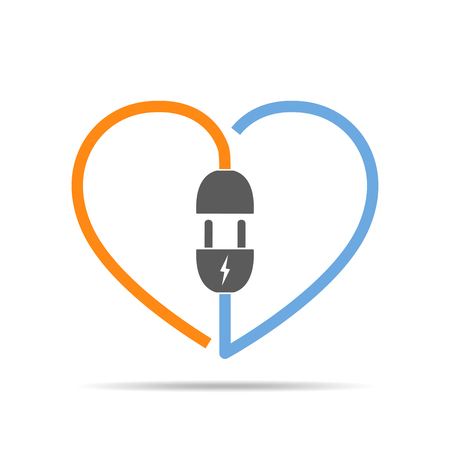 Electric cable, plug and socket in the form of the heart. Vector illustration. Love conceptのイラスト素材