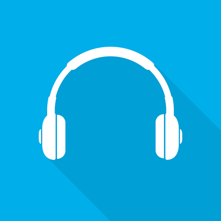 White headphone icon with long shadow, on blue background. Vector Illustration.のイラスト素材
