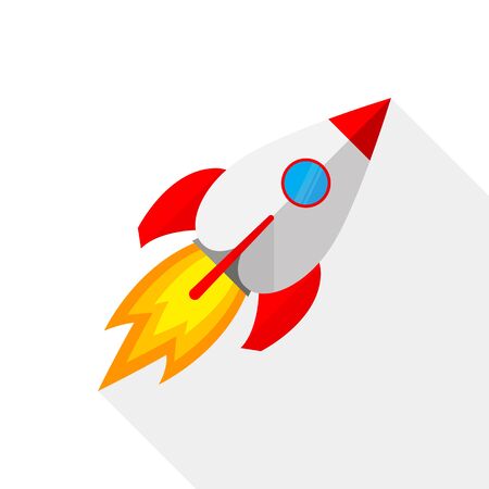 Colored rocket ship icon in flat design. Simple spaceship icon isolated on white background. Vector illustration.のイラスト素材