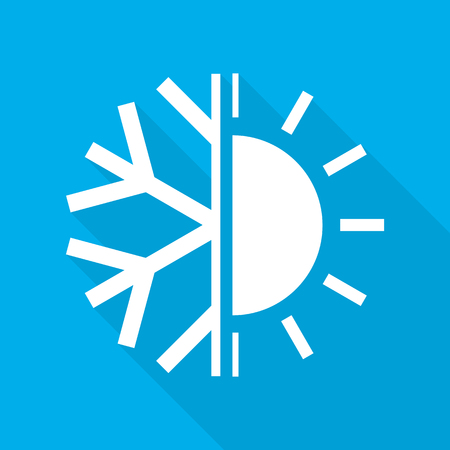 Sun and snowflake symbol of air conditioner. Vector illustration. Hot and cold icon in flat design on blue background.のイラスト素材