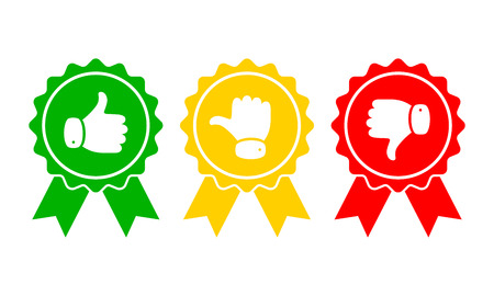 Hand with the thumb in green, yellow and red colors. Concept of voting. Vector illustration.のイラスト素材