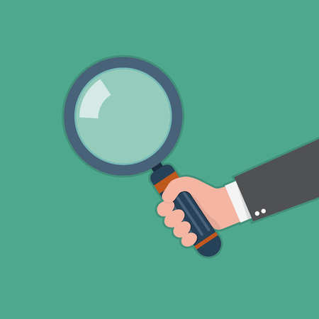 Human hand holding magnifying glass. Vector illustration. Concept of analysis, exploration or zoomのイラスト素材