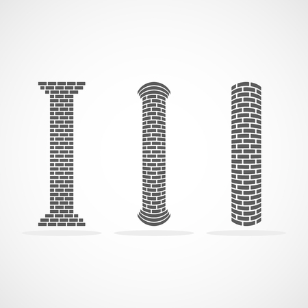 Antique bricks columns in flat design. Vector illustration. Gray roman column icons, isolated on light backgroundのイラスト素材