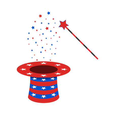 Magic hat and magic wand with flying stars.のイラスト素材