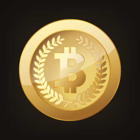 Golden Bitcoin currency. Vector illustration. Bitcoin as cryptocurrency symbol, isolated on dark backgroundのイラスト素材