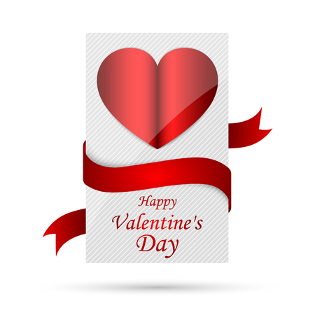 White banner with red heart shape and ribbon. Vector illustration. Happy Valentines Day, greeting card isolatedのイラスト素材