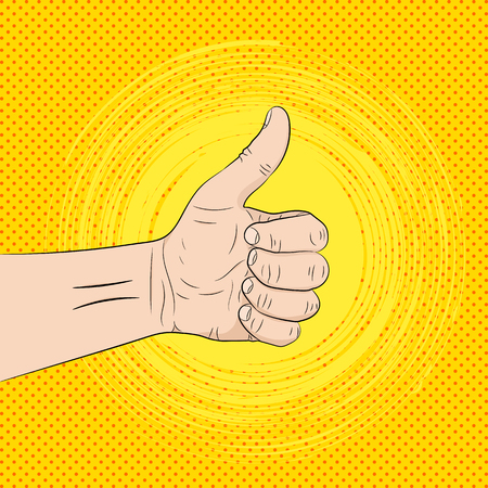 Hand with the thumb lifted up on pop art retro background. Vector illustration of Human hand giving ok.のイラスト素材