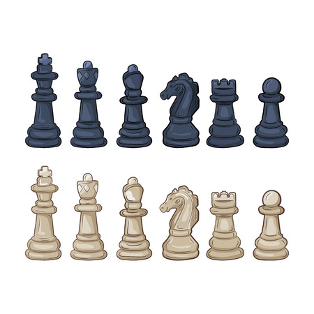 Set of chess figures in flat design vector illustration. White and black chess pieces, isolated on white background.のイラスト素材