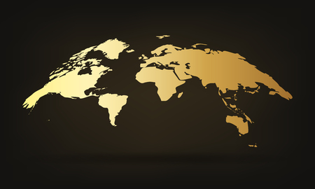 Golden world map on dark background vector illustration. Glossy world map.のイラスト素材