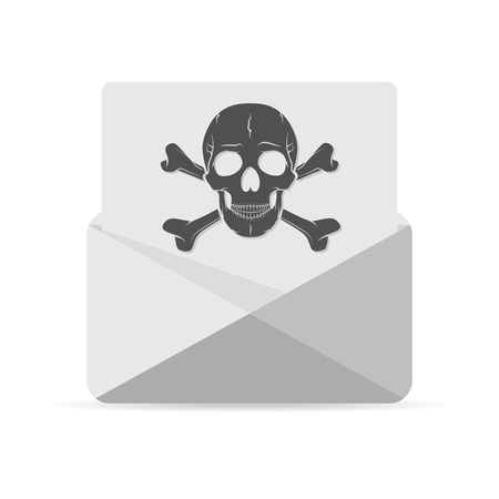 Mail spam icon in flat design. Vector illustration. Gray open envelope with skull and bones on paper sheet document symbolのイラスト素材