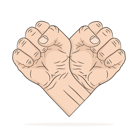 Two Fists in the shape of the heart. Vector illustration. Abstract logo in flat pop art design, on white backgroundのイラスト素材