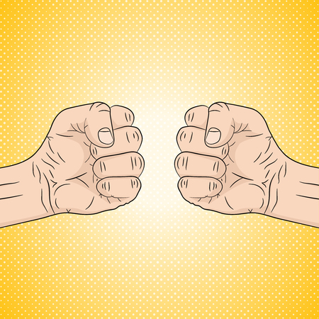 Two clenched fists in conflict. Vector illustration. Concept of aggression and violence, on pop art background.のイラスト素材
