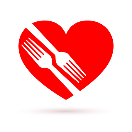 Healthy food icon in flat design. Two forks in the shape of the red heart, isolatedのイラスト素材