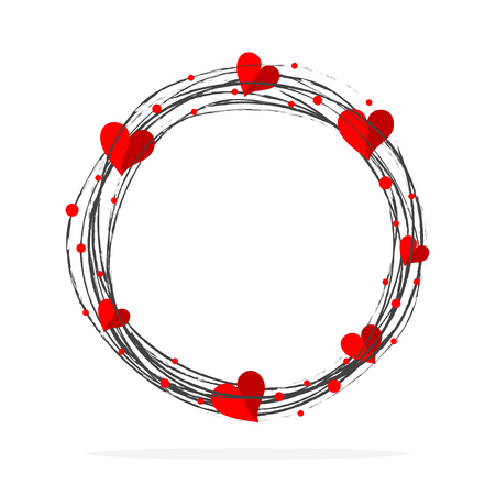 Hand-drawn scribble circle shape with red hearts. Vector illustration.のイラスト素材