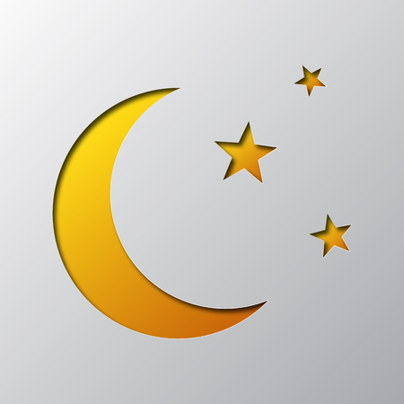 The moon and stars is carved from paper. Vector illustration. Paper art of the yellow moon and stars, isolated.のイラスト素材