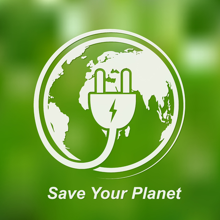 Globe and electrical plug icon. Vector illustration. Earth globe with power cable on bright green background.のイラスト素材