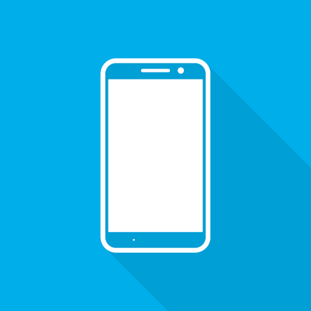 White smart phone icon with long shadow on blue background. Mobile phone icon.のイラスト素材