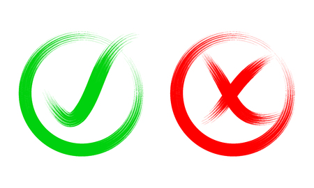 Hand drawn red cross and green check mark. Vector illustration. Symbols of Like and Dislike in a circle, isolated.のイラスト素材