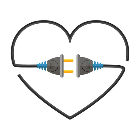 Heart made of electric cable, sockets and plugs. Vector illustration. Love conceptのイラスト素材