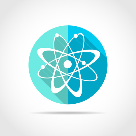 White atom in flat design with long shadow. Vector illustration. Simple atom icon on blue round button.のイラスト素材