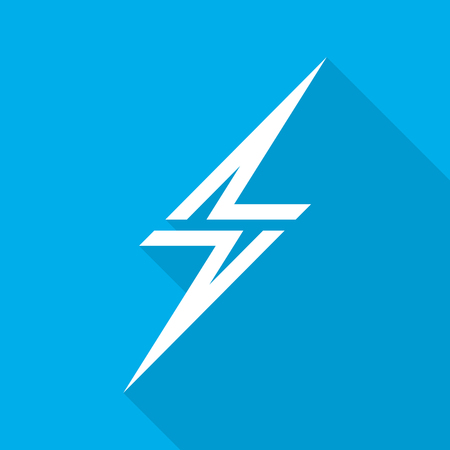 White lightning icon in flat design. Vector illustration. Symbol of lightning with long shadow on blue background.のイラスト素材