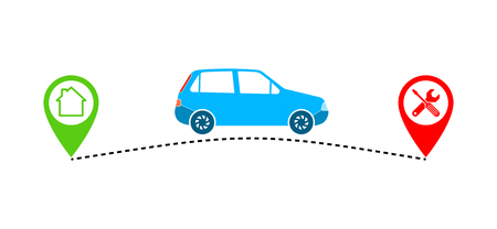 Car and its traveling route or track with green and red location marker. Vector illustration. Travel conceptのイラスト素材