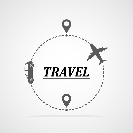 Concept of traveling by car and plane. Vector illustration. Traveling route or track with location markersのイラスト素材