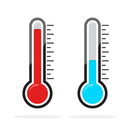 Thermometers icons with different levels. Vector illustration. Blue and red thermometer indicators in flat styleのイラスト素材