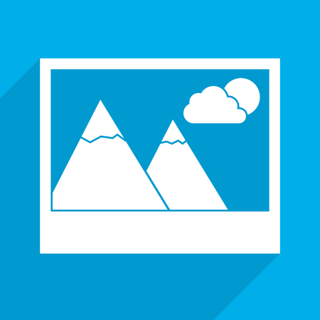 Photo icon in flat design. Vector illustration. White picture icon on blue backgroundのイラスト素材
