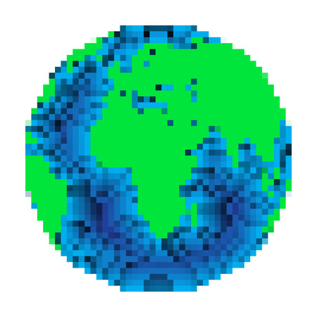 Pixel art design of Earth. Vector illustration. Colorful planet Earth in pixel style isolatedのイラスト素材
