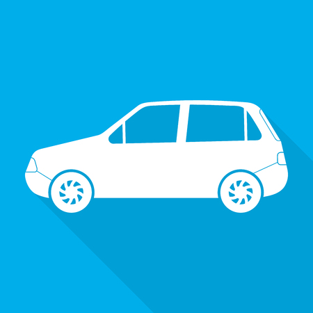 Car icon with long shadow. Vector Illustration. Automobile in flat style, on blue backgroundのイラスト素材