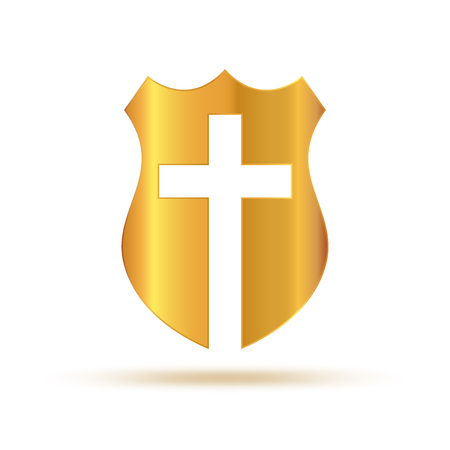 Shield with Christian Cross. Vector illustration. Creative gold Christian icon isolated.のイラスト素材