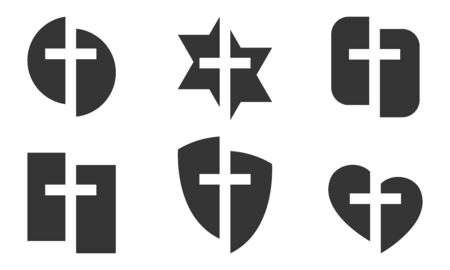 Set of black christian symbols isolated. Vector illustration. Different shapes of icons with Christian Cross symbol. Logo for Churchのイラスト素材