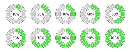 Vector indicator loading. Set of green circular progress bar icon. Vector percentage indicators....