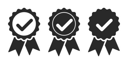 Set of approved icons isolated. Certified medal icons in flat design. Vector illustration.のイラスト素材