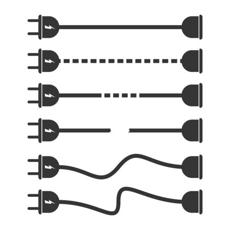 Vector set of extension cord icons. Wire plug, socket, cable. Vector black icons isolateのイラスト素材