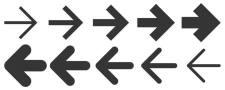 Set of black vector arrows. Arrow icon. Isolated arrows of different thicknesses. To left and right.